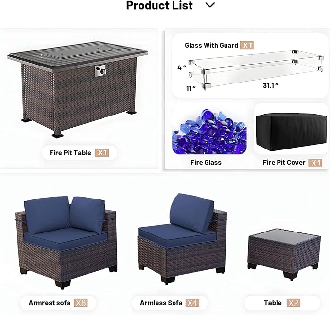 Kullavik 15PCS Outdoor Patio Furniture Set with 43" 55000BTU Gas Propane Fire Pit Table PE Wicker Rattan Sectional Sofa Patio Conversation Sets w/8 Coner Sofas,Navy Blue