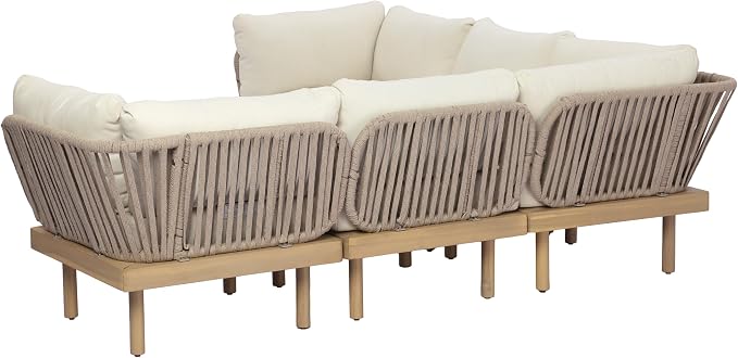 Christopher Knight Home Joan 7 Piece Patio Furniture Set with Slatted Coffee Table, Outdoor Sofa Set with Rope Back & Cushions, Acacia Wood Sectional Conversation Set, Beige+Cream+Light Teak