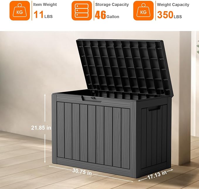 46 Gallon Waterproof Resin Outdoor Storage Box, Multifunctional Patio Deck Box, Weatherproof Outdoor Bin for Garden, Pool, Backyard & Porch Furniture Tools (Black, 46 Gallon)