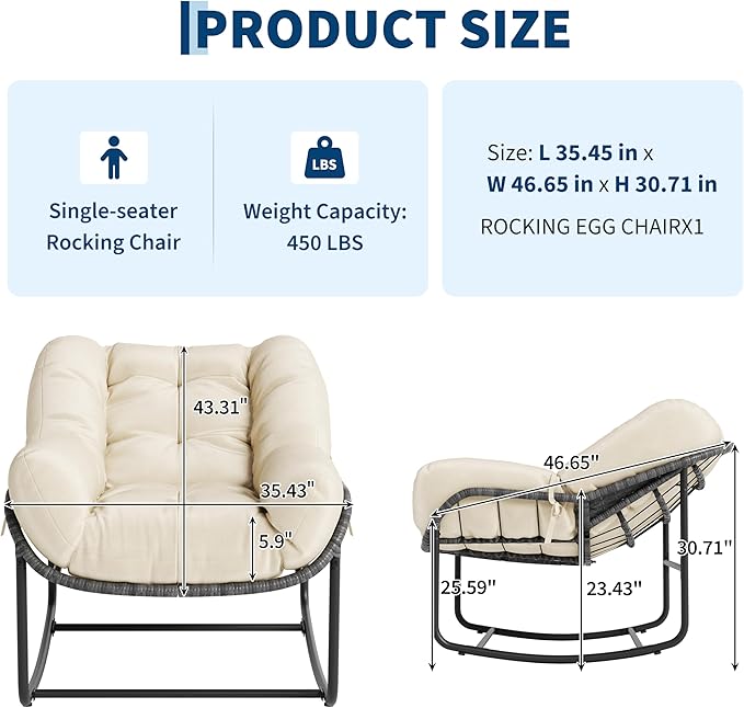 GarveeLife Outdoor Lazy Rocking Chair, Single Metal Rocker with Comfortable Seat, Beige, for Patio Porch Balcony, Relaxation