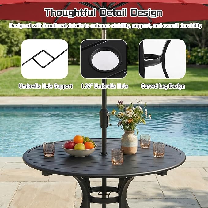 5 Piece Outdoor Patio Dining Set, 36’’ Round Dining Table with Umbrella Hole & 4pcsPatio Swivel Rocking Chairs, Outdoor Furniture Dining Set for Patio, Balcony, Lawn, Garden, Backyard