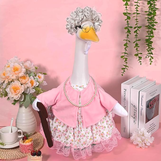 JcHrmers Old Lady Goose Outfits Porch Goose Clothes Fits 23" Cement Plastic Goose Statue Grandma Goose Outfit with Wig Glasses Pearl Necklace for School Outdoor Garden Lawn Yard Patio Art Decor