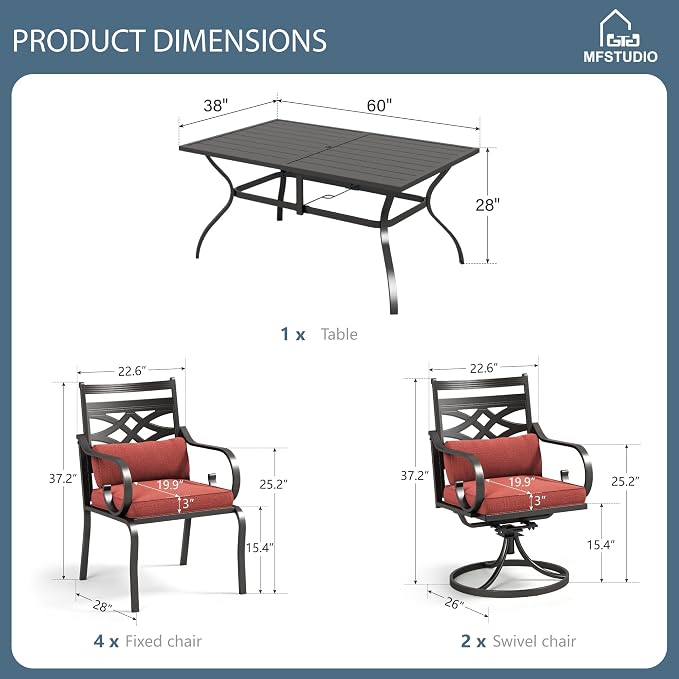 MFSTUDIO 7 PCS, Patio Dining Set, 60"×38", 4 Swivel Chairs, Umbrella Hole | Red, Steel, Metal, E-coated frame