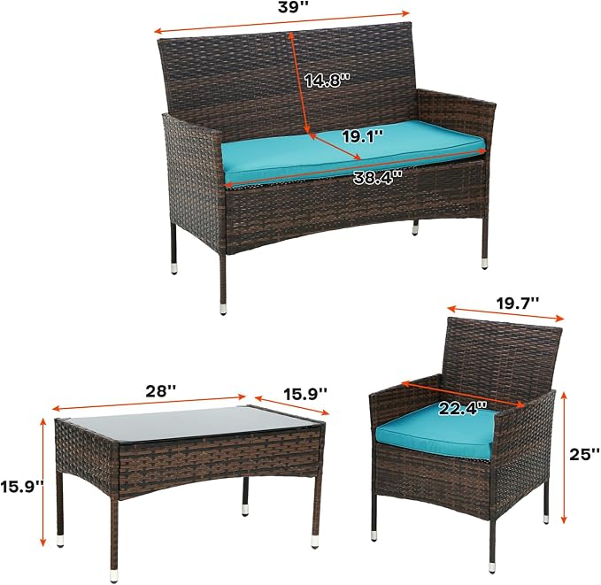 PayLessHere Outdoor Furniture Set 4 Pcs Modular Patio Furniture Set Water Resistant Conversation Set with 3 Rattan Chairs 1 Tempered Glass Topped Table for Patio Poolside, Brown Wicker/Blue Cushions
