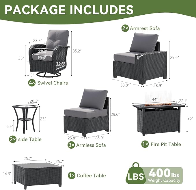 LazySunsets 13 PCS Patio Furniture Set with 44'' Fire Pit Table, Outdoor Sectional All-Weather Wicker Conversation Set with Swivel Rocker Chairs, 4'' Thick Cushions for Backyard Poolside(Crey/Black)