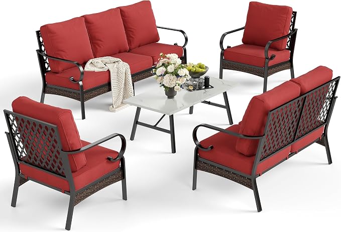 SUNSHINE VALLEY 5 Piece Metal Outdoor Patio Furniture Set, Patio Conversation Sets with 3-Seater Sofa, Loveseat, 2 Fixed Sofa (5.75" Thick Cushion) & Coffee Table Black Backyard Furniture, Rust Red