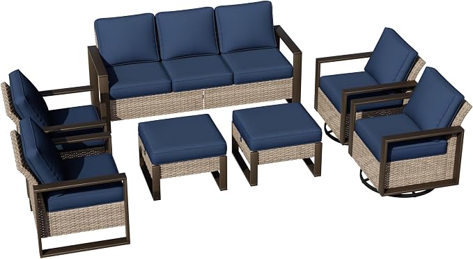 Joyside Outdoor Patio Chairs, 8 Pieces Wicker Rattan Furniture Set, 4 Patio Chairs, 1 Sofa, 2 Ottoman and 1 Table, Metal Wide Armrest, Thick Cushions and Deep Seating for Garden, Backyard, Porch
