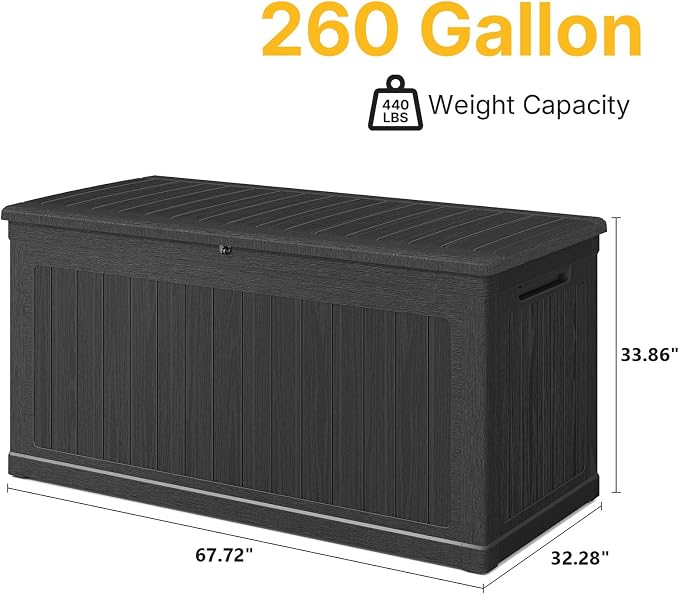 Skepphlay 260 Gallon Deck Box Large Outdoor Storage Box, Waterproof Pool Storage Cushion Boxes Bin, 440 lbs Load Capacity Black Outdoor Storage Bench for Garden, Patio