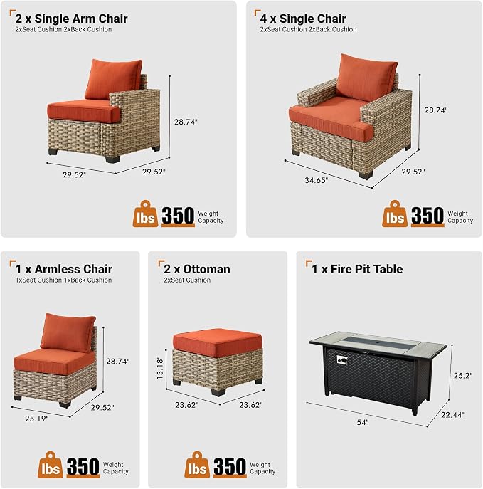 ovios 10 Piece Patio Sectional Furniture with 42in Fire Pit Table, Rattan Wicker Coversation Setwith Single Chairs, Outdoor Sofa Set for Outside Porch Balcony Backyard Pool, Orange