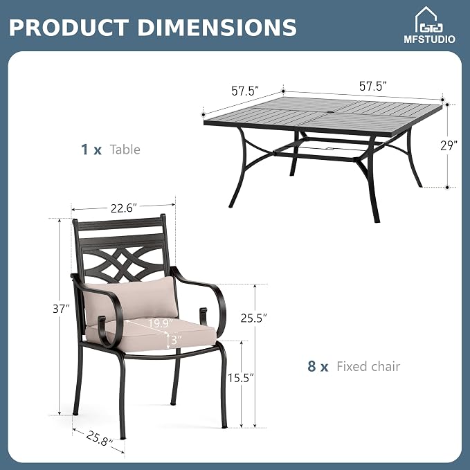 MFSTUDIO 9-Piece Patio Dining Set, 57.5" Square Metal Table, Fixed Chairs | Umbrella Hole, All-Weather Use