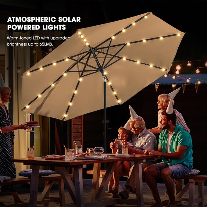 wikiwiki 9FT Solar Led Patio Umbrella with Base Included, 32 LED Lights, 8 Sturdy Ribs, Fade Resistant Waterproof POLYESTER DTY Canopy for Garden, Lawn, Deck, Backyard & Pool, Tan