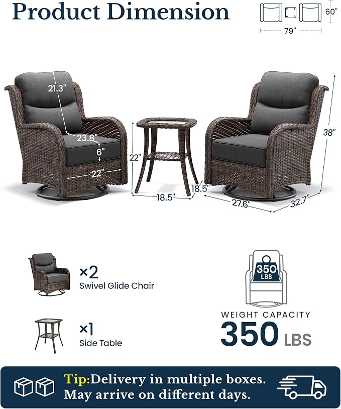 HILLGA Luxury Outdoor Patio Furniture Set with 6-Inch Thick Cushions, High Back Wicker Swivel Rocker Chairs, 3 Pcs All Weather Chairs Set for Small Porch, Deck and Sunroom, Gray (V3)