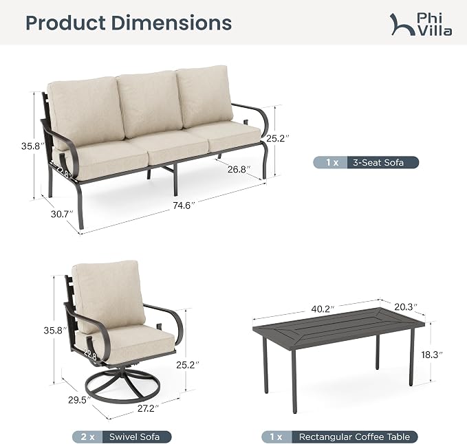 PHI VILLA Patio Furniture Set, 3-Seater Sofa, 2 Swivel Chairs and a Coffee Table, Outdoor Metal Conversation Set with 5.75" Extra Thick Cushion for Garden Backyard Deck, Beige