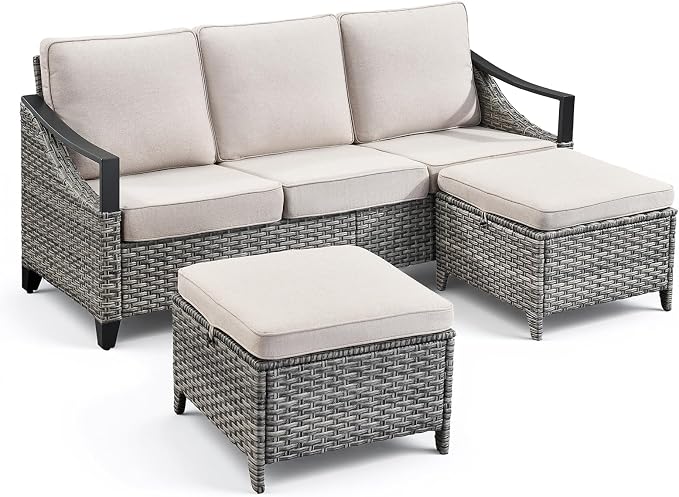 3 Pieces Wicker Patio Furniture Sofa Set-Outdoor Wicker Patio Furniture Covered Couch with Multifunctional Ottoman and All-Weather Outdoor Patio Conversation Set for Backyard Porch Garden Grey/Beige
