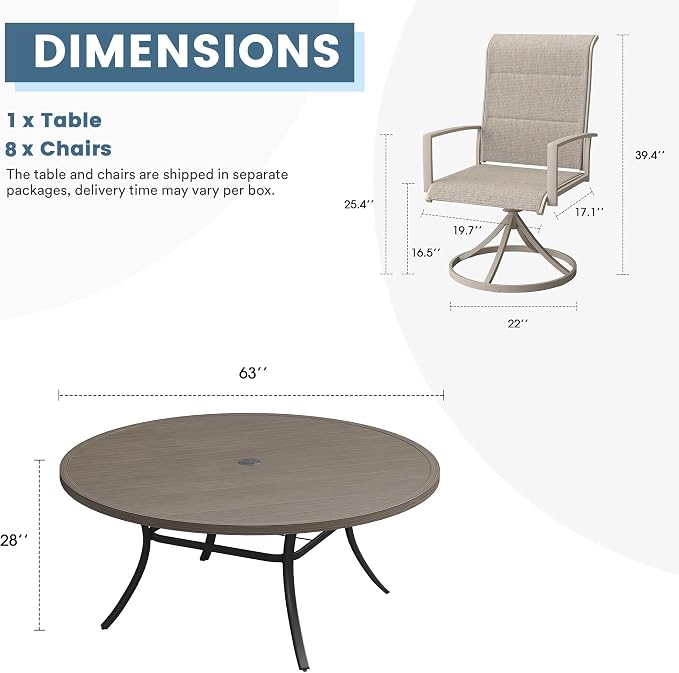 DIFY 9 Piece Outdoor Patio Dining Set for 8, 63" Grey Wood-Like Round Metal Dining Table and Swivel Patio Chairs with Sandshell Padded Textilene, All-Weather Outdoor Furniture Set for Garden Backyard