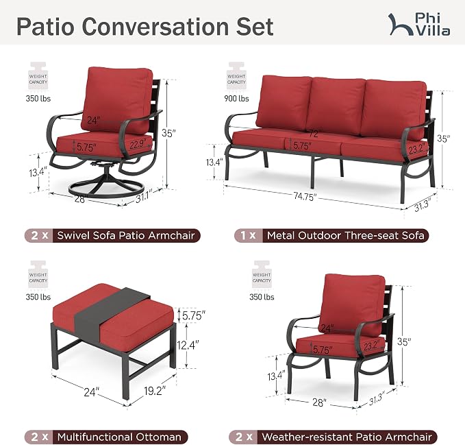 PHI VILLA 7 PCS Patio Furniture Set,Metal Outdoor Furniture with 1x 3 Seater Cushioned Deep Seating Bench Sofa, 2 Swivel Chair, 2 x Leg Chairs & 2 Ottoman for 7 Person, Red