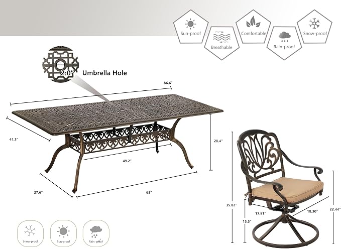 Grepatio 9 Piece Cast Aluminum Patio Furniture Set Outdoor Dining Set Bistro Furniture Set with 6 Chairs 2 Swivel and Dining Table with Umbrella Hole, 8 Cushions for Backyard Garden (Khaki)