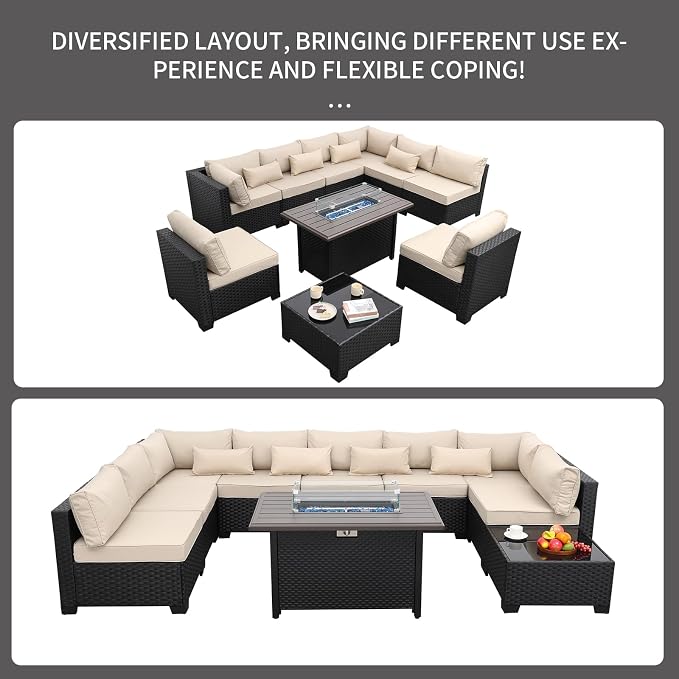 Rattaner 10 Pieces Outdoor Sectional All-Weather Wicker Patio Furniture Set Patio Sectional and Steel Fire Table and Glass Patio Table Non-Slip Cushions and Waterproof Covers, Khaki