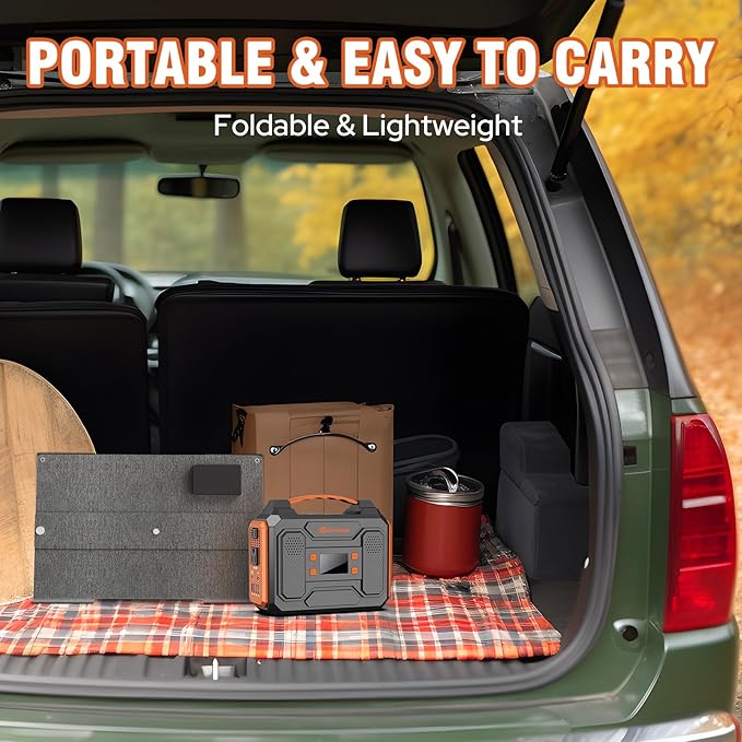 300W Portable Solar Generator Power Station with Foldable Solar Panel 60W, 120W Solar Power Bank with AC Outlet 110V for Camping Smart Devices RV Van Home Use Outdoor Adventure with Solar Charger
