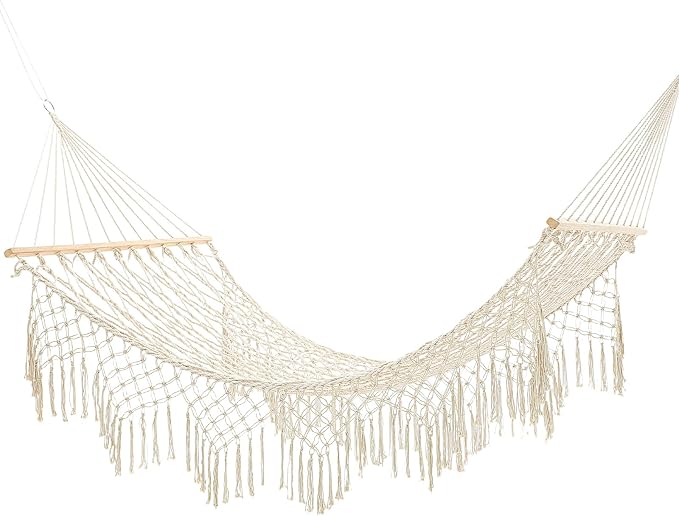 Hand Woven Cotton Rope Hammock, 10 ft Hammock for Patio Garden Yard Porch Camping Beach Indoor Outdoor Hanging Include Rope Straps, 450lb Capacity(White)