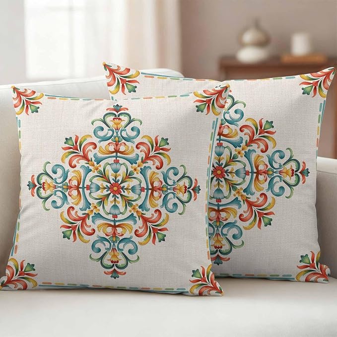 Geometric Flowers Outdoor Pillow Covers 18x18 Inch Throw Pillow Covers Set of 2 Waterproof Decorative Pillow Cases Modern Abstract Colorful Floral on Linen Cushion Covers for Patio Furniture Garden
