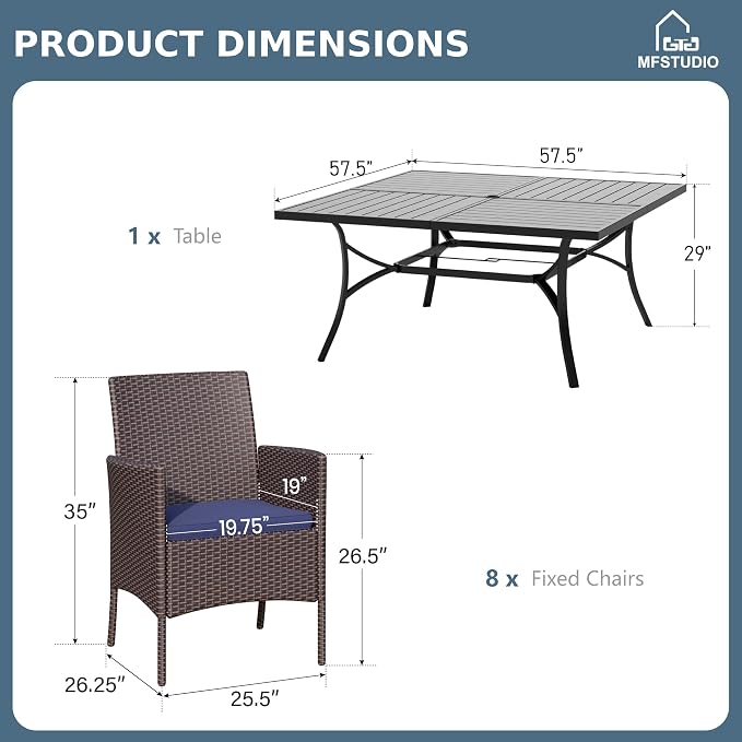 MFSTUDIO 9 Pieces Outdoor Dining Set, Patio Table and Chairs for 8, Outdoor 57" Square Table with Chairs, Patio Dinng Furniture Set Wicker, Backyard, Deck