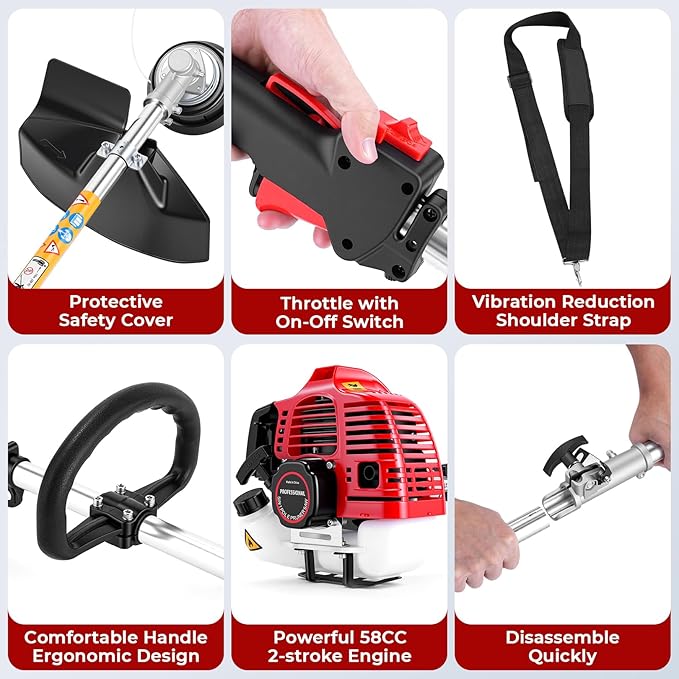COOCHEER 58CC Gas Powered Weed Wacker, 5-in-1 Multi-Function String Trimmer, Brush Cutter, Hedge Trimmer, Edger, and Pole Chainsaw, 2-Cycle Gas Powered Garden Multi-Tool for Lawn Care