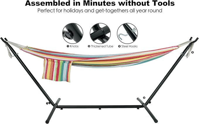 Gafete Double Hammock with Stand for Outside, Upgraded Spreader Bar, Heavy Duty Space Saving Steel Stand 2 Person, Side Pockets, Easy Assembly, 600lbs Weight Capacity, Indoor & Outdoor (Salsa Orange)