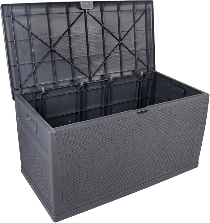 Henf 120 Gallon Outdoor Garden Plastic Storage Deck Box, Weatherproof Resin Container Storage Box Chest Table for Backyard Patio, Rattan-Look Design
