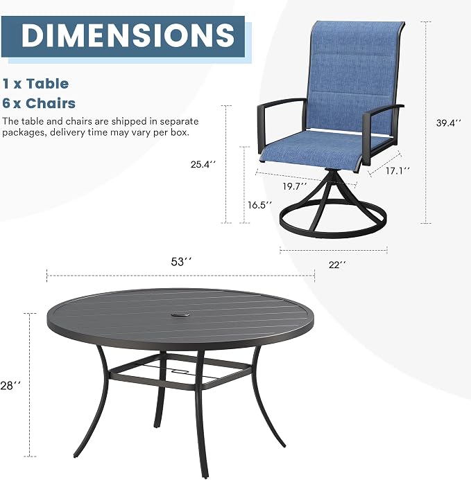 DIFY 7 Piece Outdoor Patio Dining Set for 6, 53" Black Round Metal Dining Table and Swivel Patio Chairs with Blue Padded Textilene, All-Weather Outdoor Furniture Set for Garden Backyard Porch