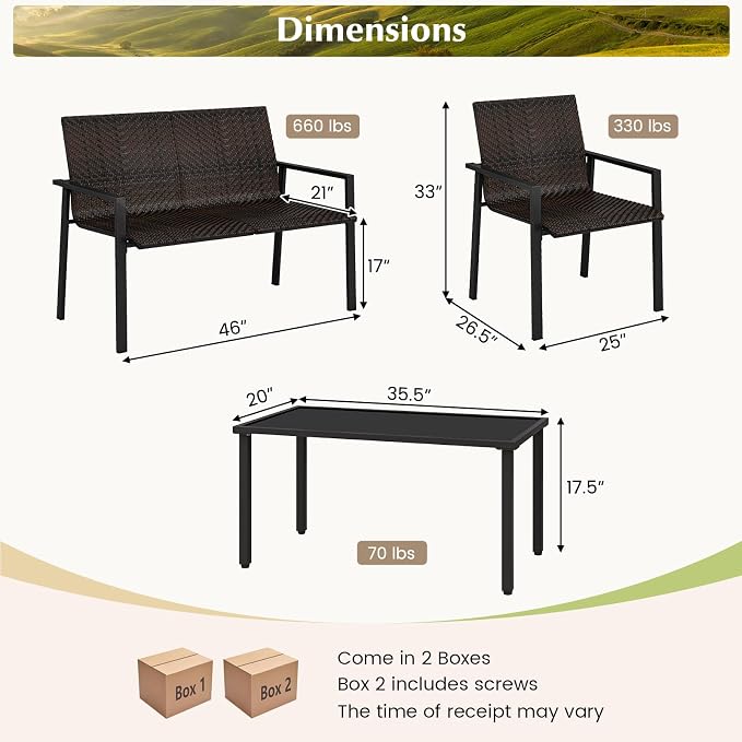 HAPPYGRILL 4 Pieces Outdoor Patio Wicker Furniture Set, Conversation Set with Coffee Table, PE Rattan Chairs with Galvanized Metal Frame for Small Space, Balcony, Poolside, Backyard (Mix Brown)