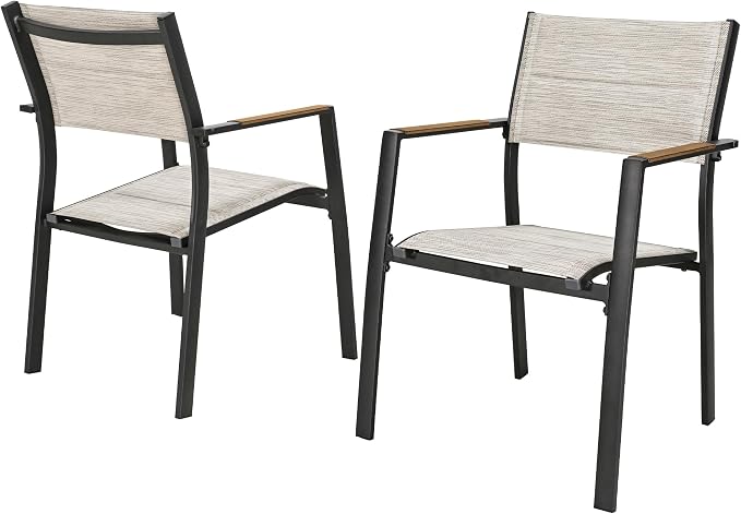 Outdoor Patio Dining Chairs Set of 2, Light Weight Aluminum Frame with Textilene Fabric & Wood-like Armrest, 275 LBS Capacity, Outdoor Stackable Chairs for Poolside Lawn Garden, Brown Armrest