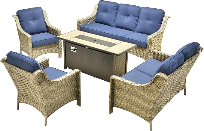 Outdoor Patio Furniture Sets, 5 PCS Patio Conversation Set Outside Rattan Sofa with 54 in Fire Pit Table Comfy Cushions Fit Backyard Porch Garden Poolside Balcony,Navy Blue