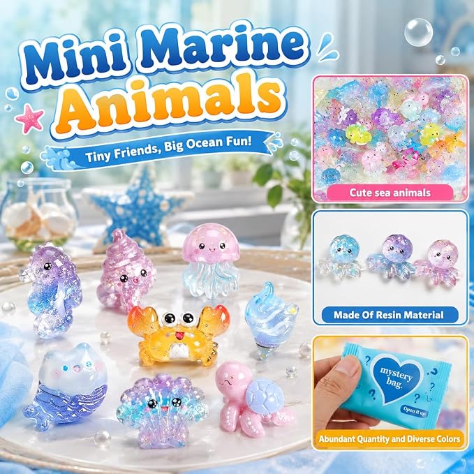 100PCS Ocean Mystery Blind Bags Mini Resin Animals, Cute Sea Creature Blind Box Surprise Toys, Tiny Figures for Kids Ocean Animal Collectibles for Party Favors DIY Crafts Phone Decor Classroom Prize