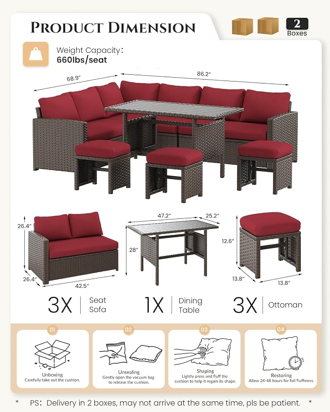 U-MAX 7 Pieces Patio Furniture Set, Outdoor Sectional Sofa Conversation Set, All Weather Wicker Rattan Dining Table & Chair with Ottoman, Brown Rattan&Wine Red Cushion