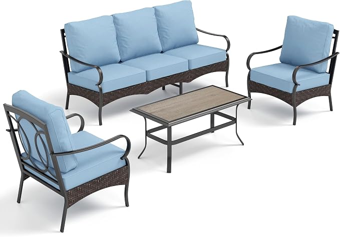 PHI VILLA Outdoor Modern Patio Furniture Set, Upgraded Wicker & Metal Patio Furniture Conversation Set with Waterproof Thick Cushions for Porch, Poolside, Yard (4 Pieces,Blue)