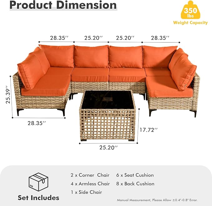 7 Pieces Wicker Patio Furniture Set,Outdoor Sectional Sofa with Coffee Table Comfy Cushions,Modern Modular Deep Seat Rattan Couch Conversation Set,Orange Red