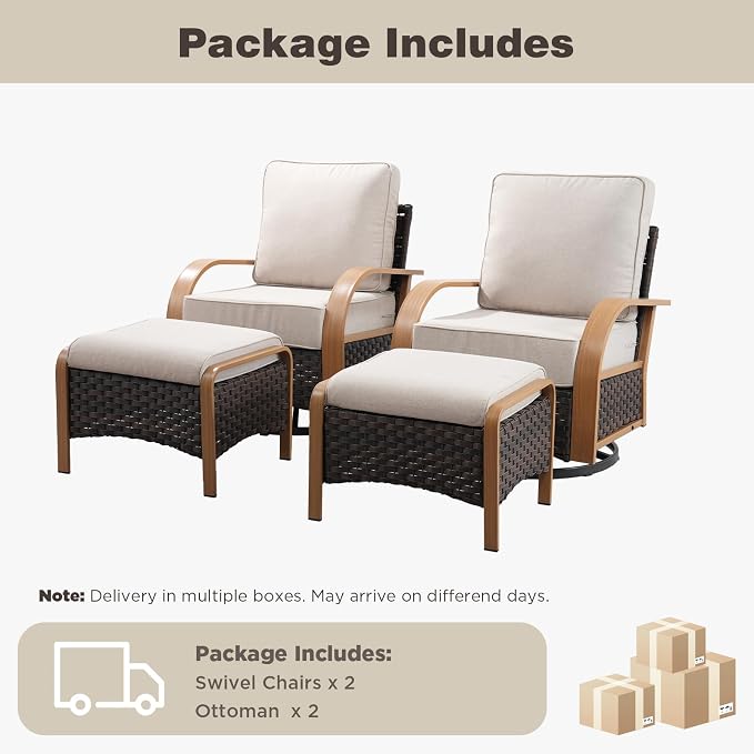Belord 4 Piece Patio Furniture Set with 6-Inch Thick Cushions, Outdoor Swivel Chairs Set with Ottomans,Wicker Rocker Patio Chairs, All-Weather Wicker Conversation Set for Garden Porch, Wood & Beige