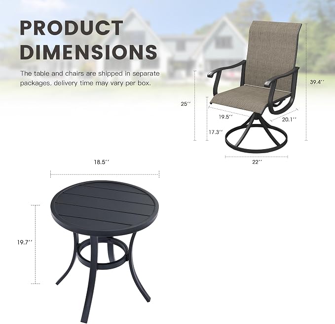 Outdoor Dining Set for 2, 18.5" Metal Round Patio Side Table and Sling Patio Swivel Chairs, 3 Pieces Patio Table and Chairs Set for Garden Backyard, Mixed Brown and Black