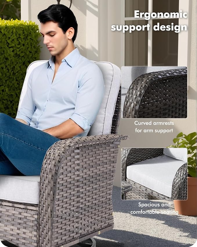 CAODOC 8-Piece Wicker Patio Furniture Set, All-Weather Rattan Conversation Bistro Loveseat Chair and Patio Rockers Set for Backyard, Balcony and Deck with Soft Cushions and Metal Table(Grey)