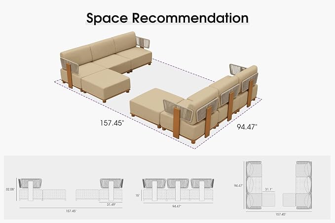 PURPLE LEAF Patio Furniture Set Modular L-Shaped Outdoor Sectional Sofa with 11" Thick Olefin Cushion 8-Piece Outdoor Conversation Set with Coffee Lights & Ottomans for Backyard Garden Poolside, Beige
