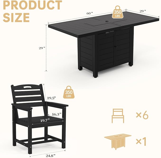 PIZZELLO 7 Pieces Patio Furniture Set w/ 60" Gas Fire Pit Table and 6 HDPE Patio Dining Chairs, Outdoor Conversation Set 50,000 BTU Aluminum Propane Fire Pit Patio Chairs Set of 6 for Backyard