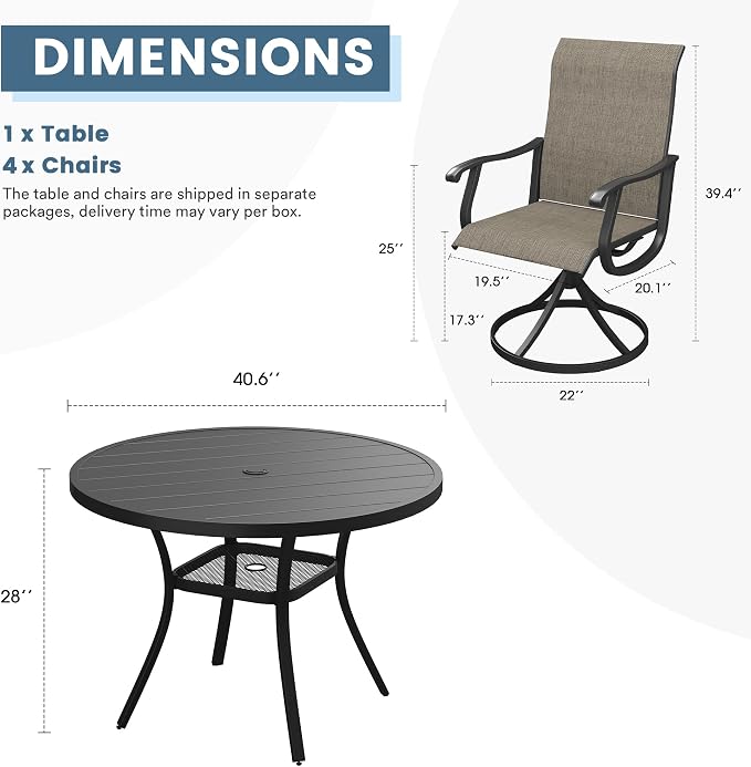 DIFY 5 Pieces Outdoor Patio Dining Set, 4 Brown Textilene Swivel Dining Chairs and 40.6" Black Round Dining Table, Metal Outdoor Table and Chairs