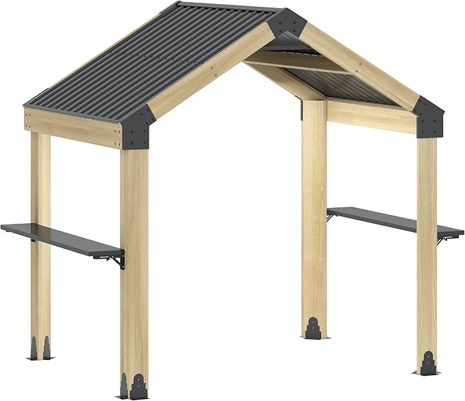 GARTOO 7.7'x5.7' Outdoor Grill Wood Gazebo - Hardtop Gazebo with 2 Side Shelves and Galvanized Steel Roof, Patio Wooden BBQ Pergola for Garden, Porch and Backyard