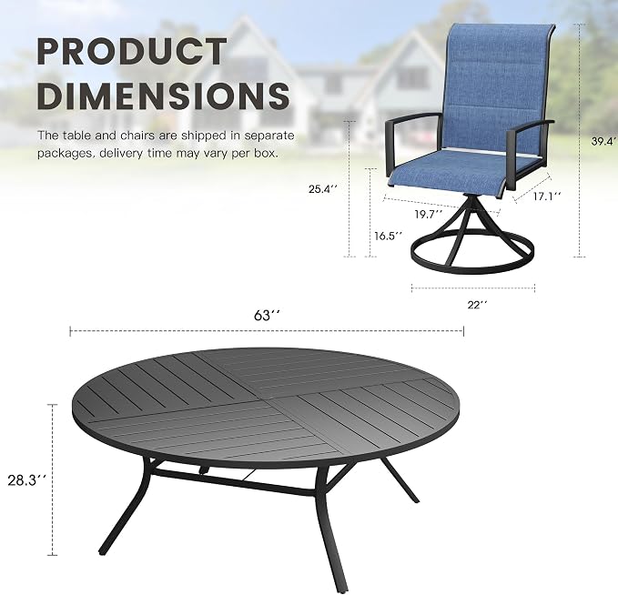 Outdoor Dining Set for 8, 63.1" Outdoor Dining Table with Umbrella Hole and Padded Textilene Patio Swivel Chairs, 9 Pieces Patio Table and Chairs Set for Garden Backyard, Dark Blue and Black