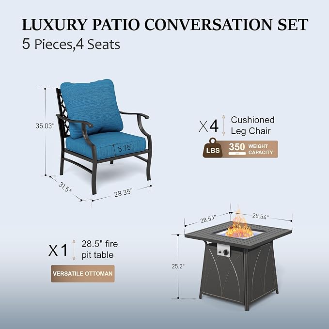 HERA'S HOUSE 5 Pieces Patio Furniture Set with Fire Pit Table, 4 x Thick Cushioned Chairs, 1 x Fire Pit Table (50,000 BTU), All Weather Outdoor Conversation Set for Garden Backyard Lawn, Pacific Blue