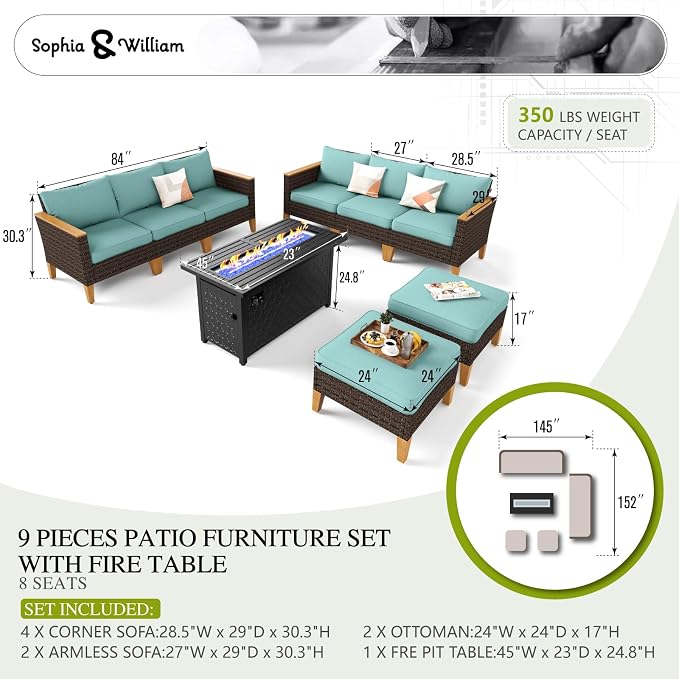 Sophia & William Patio Furniture Set with Fire Pit Table, 9 Piece Outdoor Wicker Furniture Sectional Sofa, Large Patio Rattan Conversation Set with Ottoman & 45" Fire Pit Table(Aqua Blue)