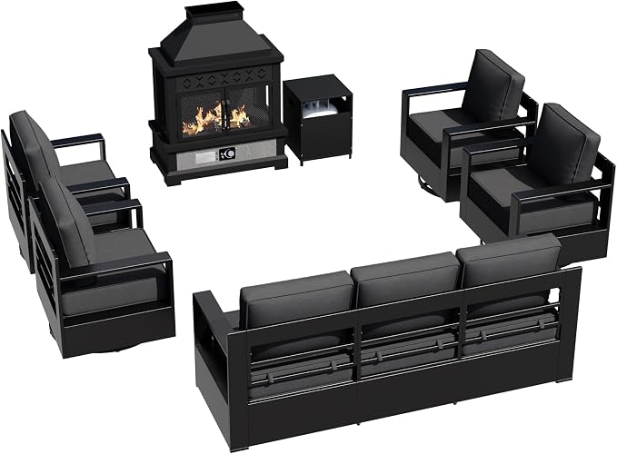 Outdoor Aluminum Furniture Set, 5-Piece Patio Conversation Set, 4 Swivel Chairs, 1 Sofa and 1 Fireplace, All-Weather Metal Frame, 6" Thick Removable Cushions, Deep Setting for Garden, Porch
