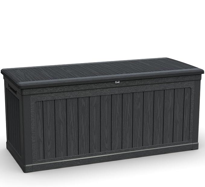 XXL Deck Box, Waterproof Outdoor Storage Container with Lockable Lid, Heavy Duty Resin Patio Storage for Furniture, Pool Equipment, Garden Tools Black (260, Gallons)