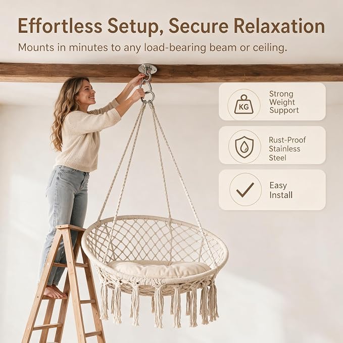 Cotton Woven Hammock Chair, 600 LBS Light Beige Handmade Macrame Hammock Without Stand, Indoor Outdoor Hammock for Patio Bedroom Garden Reading Decor